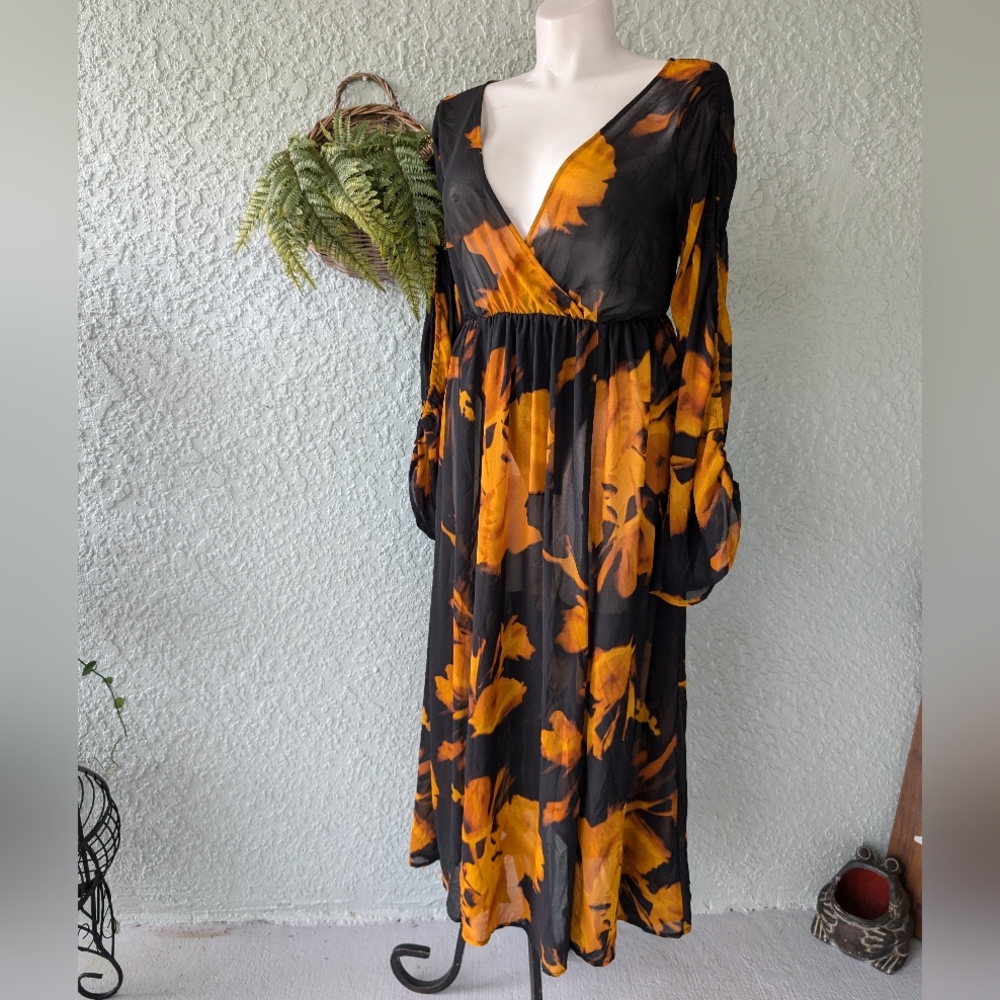 AKRIA‎ cold-shoulder chiffon dress bodysuit size L